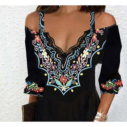 Women‘s Casual Dress Ethnic Dress Mini Dress Black 3/4 Length Sleeve Pure Color Print Summer Spring Fall V Neck Stylish S M L XL XXL 3XL