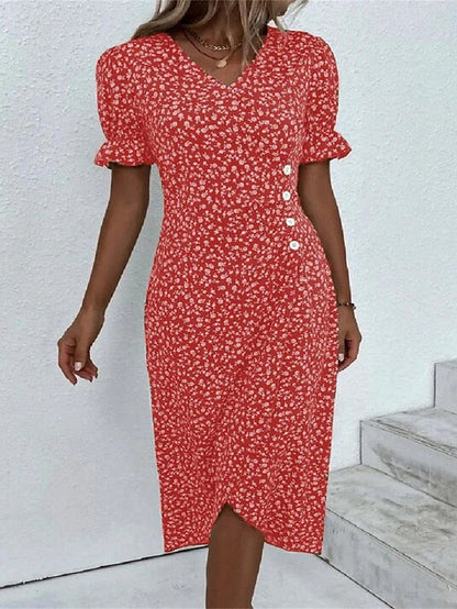 Women's Casual Dress Wrap Dress Floral Dress Floral Button Print V Neck Midi Dress Fashion Classic Daily Holiday Short Sleeve Regular Fit Black Dark Red Yellow Summer Spring S M L XL XXL