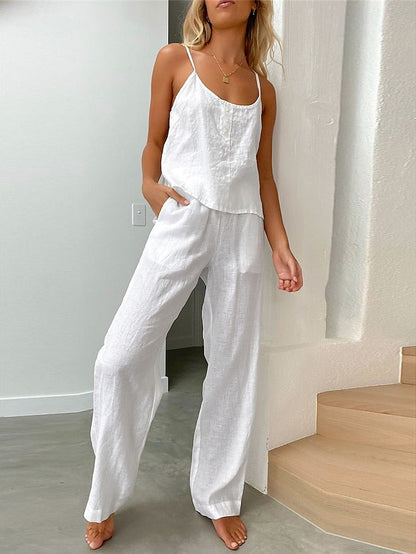 Women's Cotton And Linen Loungewear Sets Pure Color Fashion Simple Casual Street Daily Date  Breathable Straps Sleeveless Strap Top Pant Pocket Summer Spring White Blue