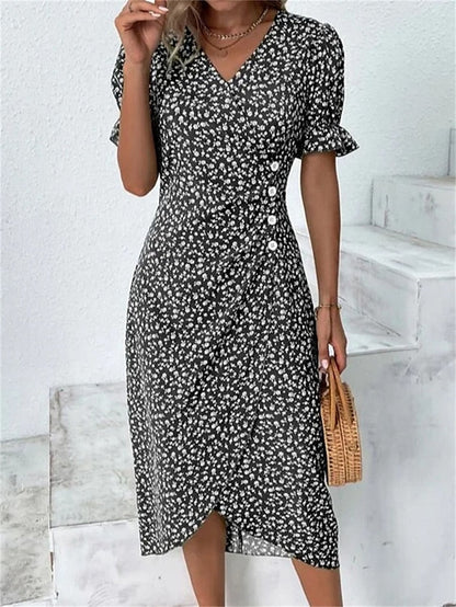 Women's Casual Dress Wrap Dress Floral Dress Floral Button Print V Neck Midi Dress Fashion Classic Daily Holiday Short Sleeve Regular Fit Black Dark Red Yellow Summer Spring S M L XL XXL