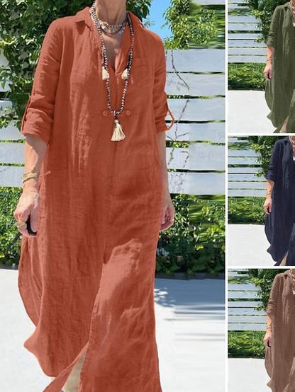 Women's Shirt Dress Cotton Linen Dress Casual Dress Maxi long Dress Cotton And Linen Basic Casual Outdoor Daily Shirt Collar Split Long Sleeve Summer Spring Fall Loose Fit Navy Blue Orange Green