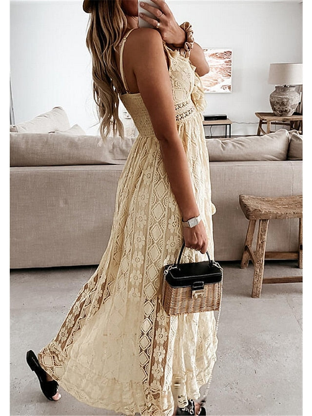 Women's Swing Dress Maxi long Dress White Beige Sleeveless Print Embroidered Lace Spring Summer V Neck Casual Boho S M L XL XXL